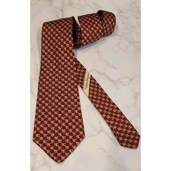 Salvatore Ferragamo Other - Salvatore Ferragamo Burgundy Silk Tie Pouncing Puppy Dog Whimsical Novelty EUC